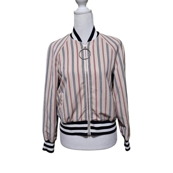 The Fifth Label Striped Sand Red Silky Zip Front Bomber Jacket XXS Casual Retro - Picture 1 of 8